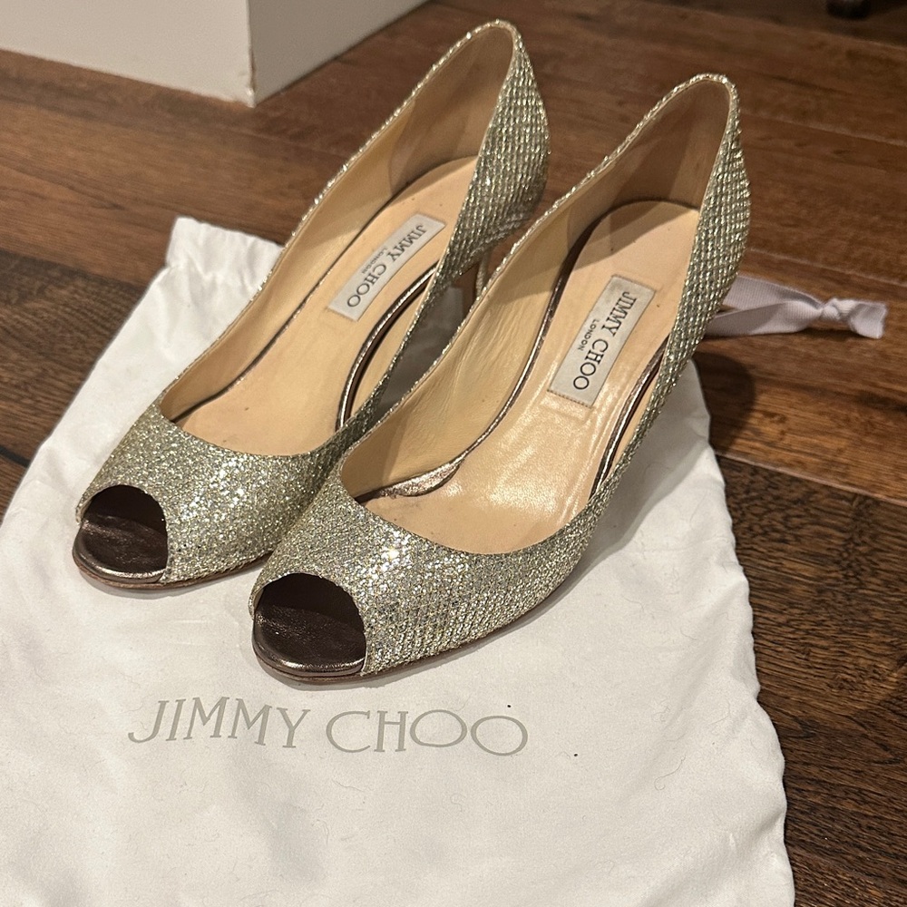 Jimmy Choo Glittering Silver Peep-Toe Heels